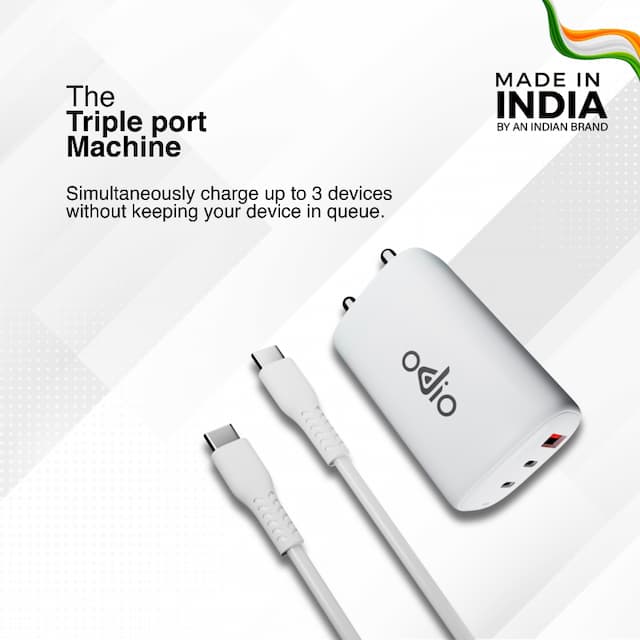 ODIO OWC65MaxPro 65W GaN Charger Adapter 3 Ports (2 PD+1 USB) Wall Charger with 100W USB Type C to C Cable BIS Certified - Compatible with Latest MacBook, Ultrabook, Phones, Smartphones, iPad & Tablets, White