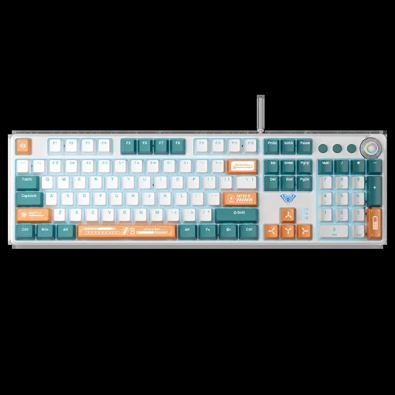 AULA F2088 Pro Mechanical Gaming Keyboard, Clicky Blue Switches, LED Rainbow Backlit, Removable Wrist Rest, Cool Square Keycaps, Full Size Wired Keyboard for Windows, Mac, PC (White and Orange and Blue