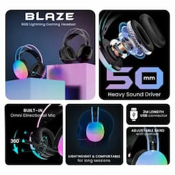 Hammer Blaze, Wired Over Ear Gaming Headphones with Mic, Black