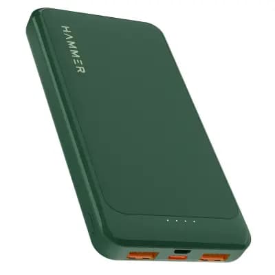 Hammer Ultra Charge 10000mAh Power Bank with 3 Output, 2 Input Ports Type-C/PD, Micro USB, Green