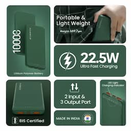 Hammer Ultra Charge 10000mAh Power Bank with 3 Output, 2 Input Ports Type-C/PD, Micro USB, Green