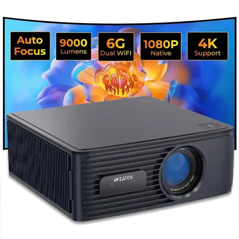 WZATCO Alpha X Projector, 9000 Lumens, 1080P Resolution, 4K HDR And HLG Content, HDMI ARC, Wifi-6, BT, 2GB RAM, Quad Core CPU, Black
