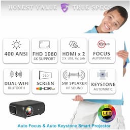 Egate E08i33 K9 Pro-Max Automat, FHD 1080p Native Resolution, 400 ANSI Lumens, 210 inch 533cm Display, Auto Focus + Keystone, 1GB-8GB, Wi-Fi BT, AOSP Android 9, Projector